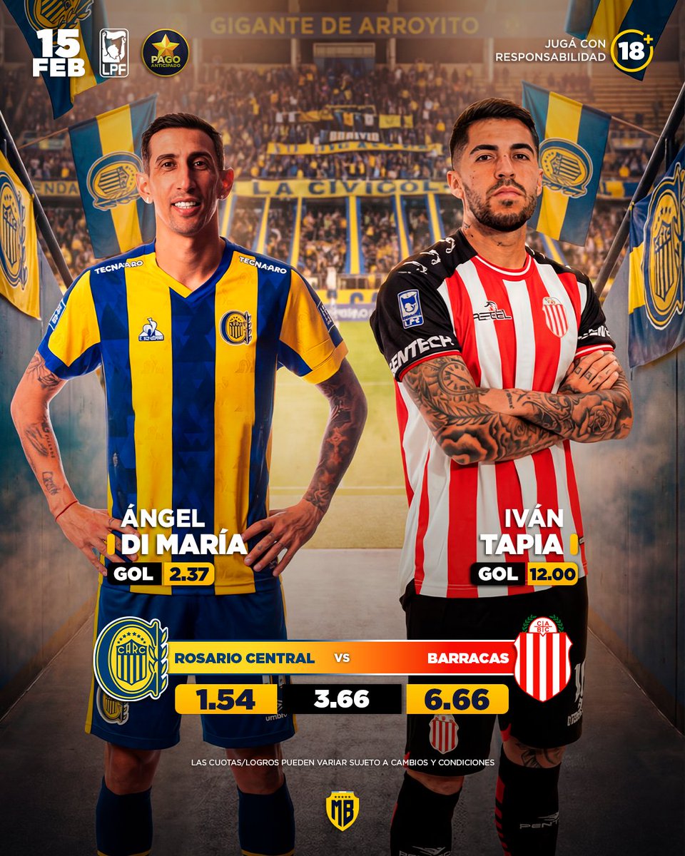 🏆 #TorneoApertura2026
⚽ Rosario Central 🆚 Barracas Central
⏰ 22:00
🏟️ Gigante de Arroyito
🔥 Ángel Di María — CUOTA GOL 2.37
🔥 Iván Tapia — CUOTA GOL 12.00
⭐ Pago anticipado activado 🟢
📺 Miralo en vivo en:
 mb365.pro/PIBES +18.