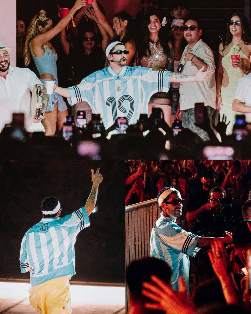 🇦🇷😮‍💨 Bad Bunny usó la camiseta de la Selección Argentina de la colección “Bringback” en su primer concierto en River Plate.

🔎 Diseñada al estilo fútbol americano, el ‘19’ mítico de Lionel Messi en el frente y un logotipo retro, todo recordando a la icónica casaca del Mundial