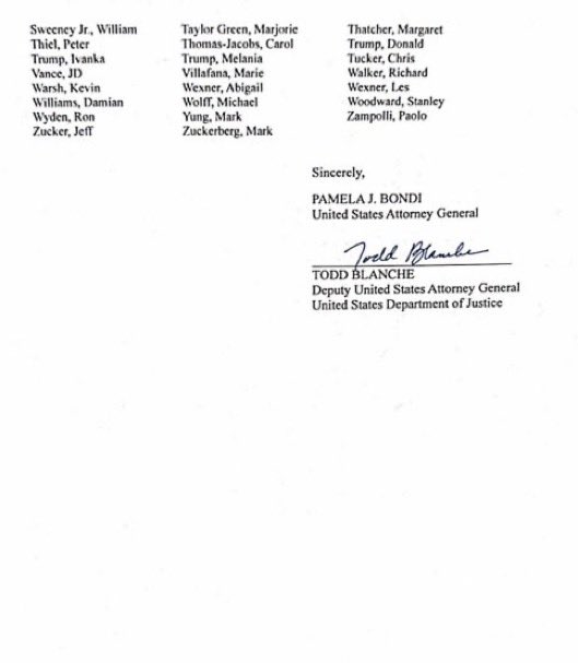 AG Pam Bondi just released a letter stating the DOJ has successfully released all of the ‘Epstein files’ as required by the recently passed Epstein Files Transparency Act.

She concludes, the files had ‘justified redactions’ and attached a list of high profile names that appeared