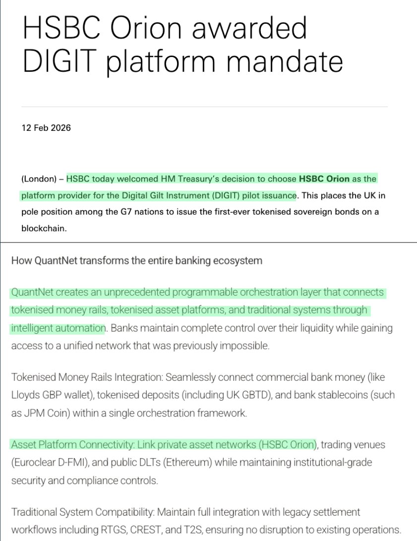 🏦HSBC's Orion was recently selected by UK's HM Treasury for digital bond pilots.

What do we know about HSBC in the UK?

• UK RLN participating bank
• Orion integration with Overledger

We've seen $QNT at every major stage of large scaled UK digitalization/tokenization