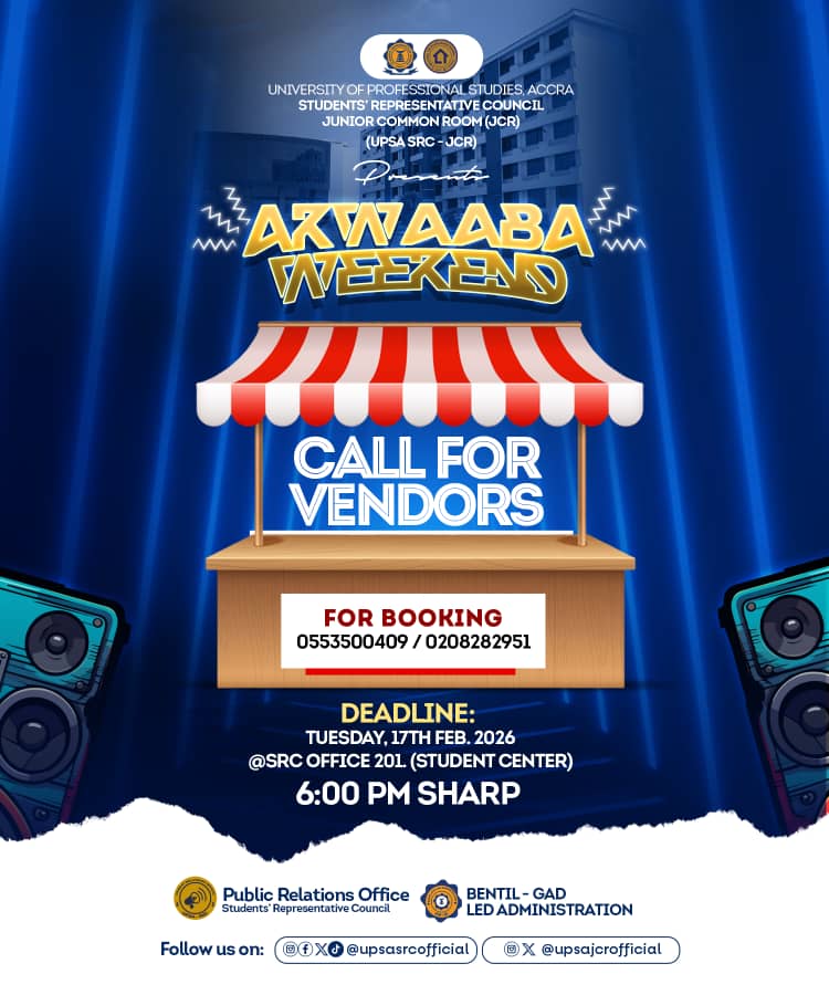 upsasrcofficial's tweet photo. 🔊📢CALL FOR VENDORS.
 Join the AKWAABA WEEKEND vibes with UPSA SRC – JCR.

 Deadline for bookings is *Tuesday, 17th Feb. 2026* @ 6:00 PM sharp 
Don't miss the chance to set up shop and groove with the students.

 #AkwaabaWeekend #UPSASRC #JCR #UPSA https://t.co/pTLYcafoXR