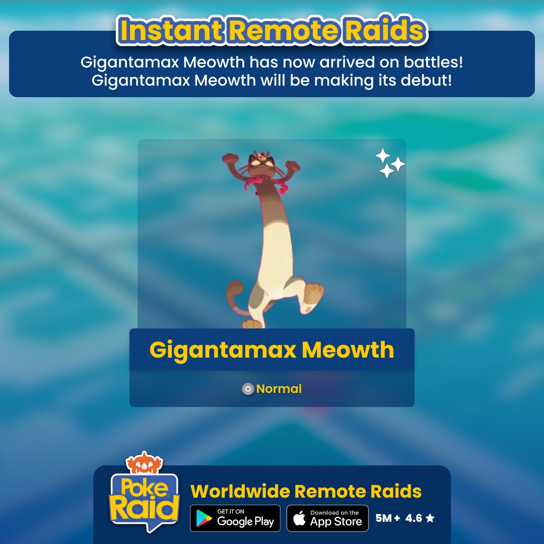 PokeRaidApp's tweet photo. #GigantamaxMeowth has now arrived on #PokemonGoRaids! Gigantamax Meowth will be making its debut!Open the #PokeRaidApp now and find a #RemoteRaid instantly.
#Meowth #Dynamax #Gigantamax #RemoteMax #MaxBattle https://t.co/RWj5Gb3Qqb