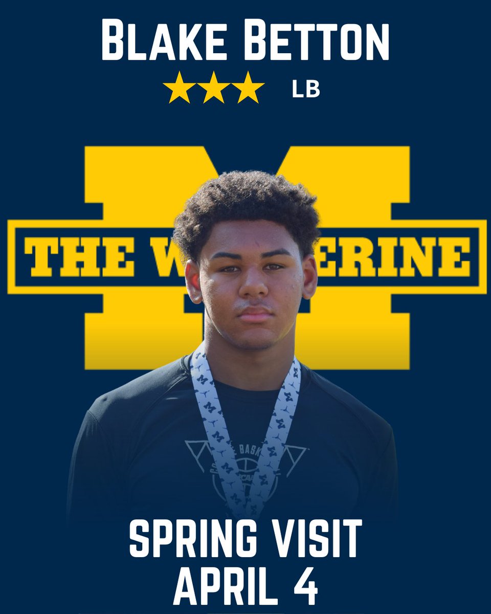 Priority '27 LB Blake Betton (<a href="/BlakeBetton/">Blake Betton 3 ⭐️ ‘27</a>) locked in his Michigan spring visit for April 4! 

Penn State, Nebraska and others are in the mix for the Shakopee (Minn.) standout. <a href="/alexwutangham/">Alex Whittingham</a> visited him in January. 

More here: on3.com/boards/threads…