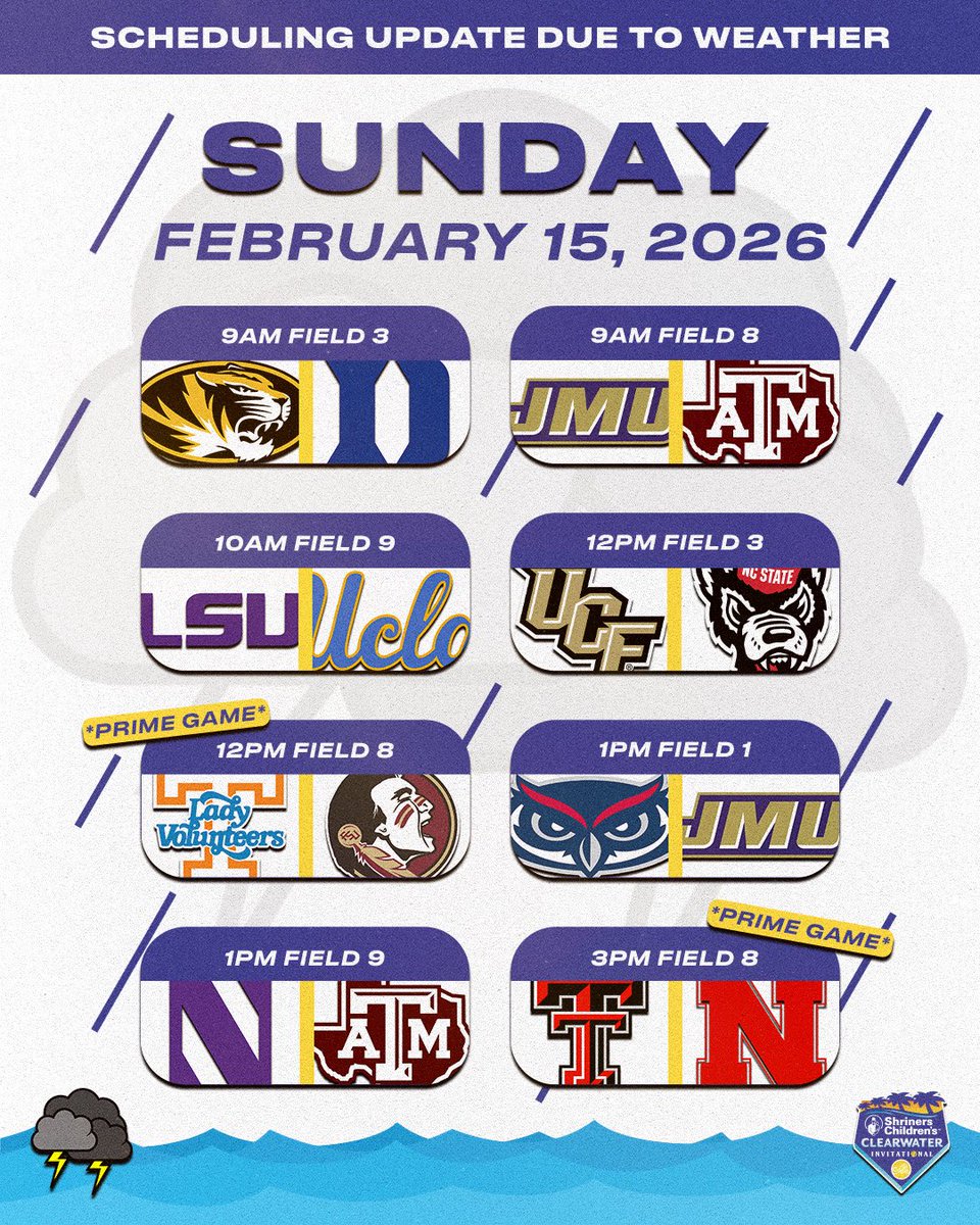 Out of an abundance of caution for our teams, fans and staff, Sunday’s Shriners Children’s Clearwater Invitational schedule has been adjusted due to projected weather.

Fans with All-Access or 1–4 session tickets may use those tickets at either complex. While Sunday night’s games