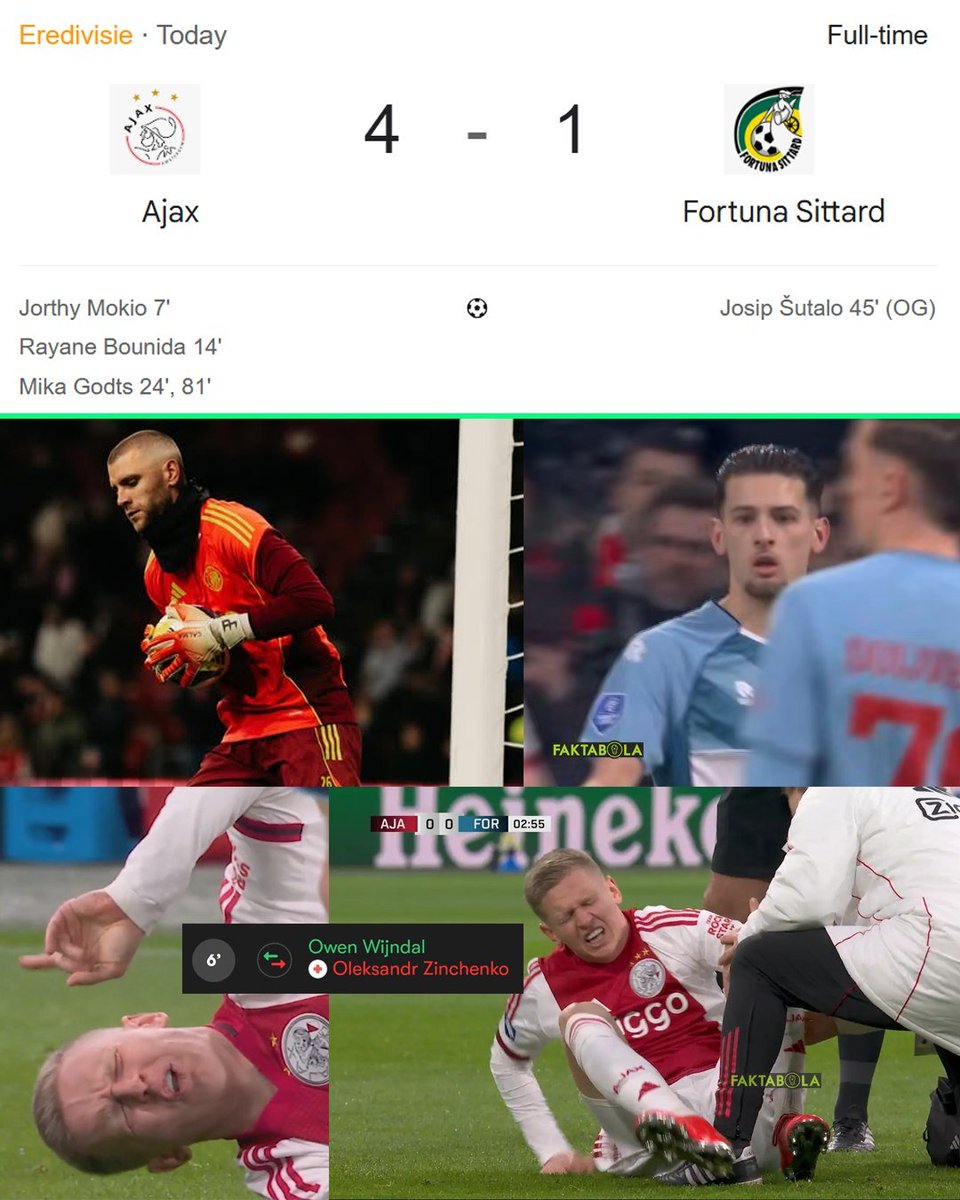 Ajax menang 4-1 lawan Fortuna Sittard. Justin Hubner bermain penuh di laga ini. Sementara Maarten Paes berada di bench Ajax. 

Oleksandr Zinchenko nampak meringis kesakitan karena cedera, dan akhirnya harus diganti pada menit ke-6. Ini merupakan laga pertama Zinchenko sebagai