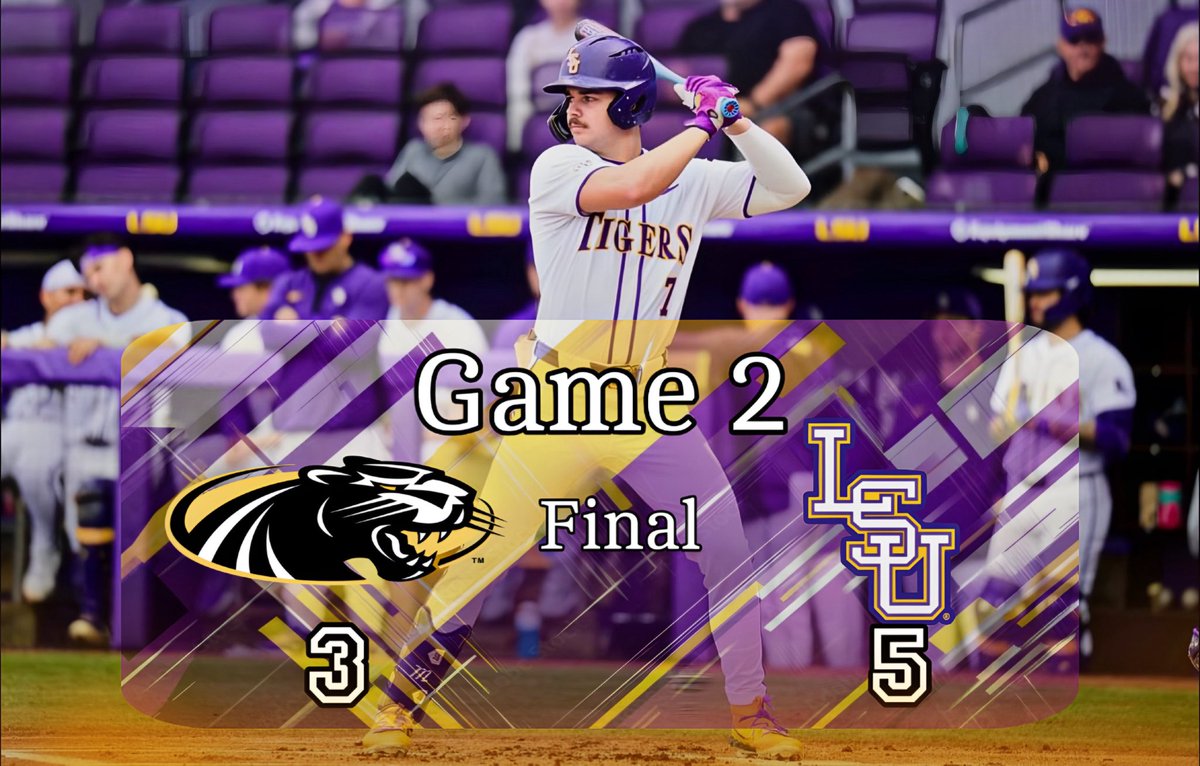 SethMBlessing's tweet photo. LSU On Top Over Milwaukee! 

Game 2 Final:   Panthers 3    Tigers 5

GEAUX TIGERS!!! 🐯 🟣 🟡 ⚾️

#LSUTigers, #GeauxTigers, #LSUBaseball, #TigersWin, #LSUVictory, #TigersBaseball, #FinalScore, #PurpleAndGold https://t.co/9xV3HCveeB