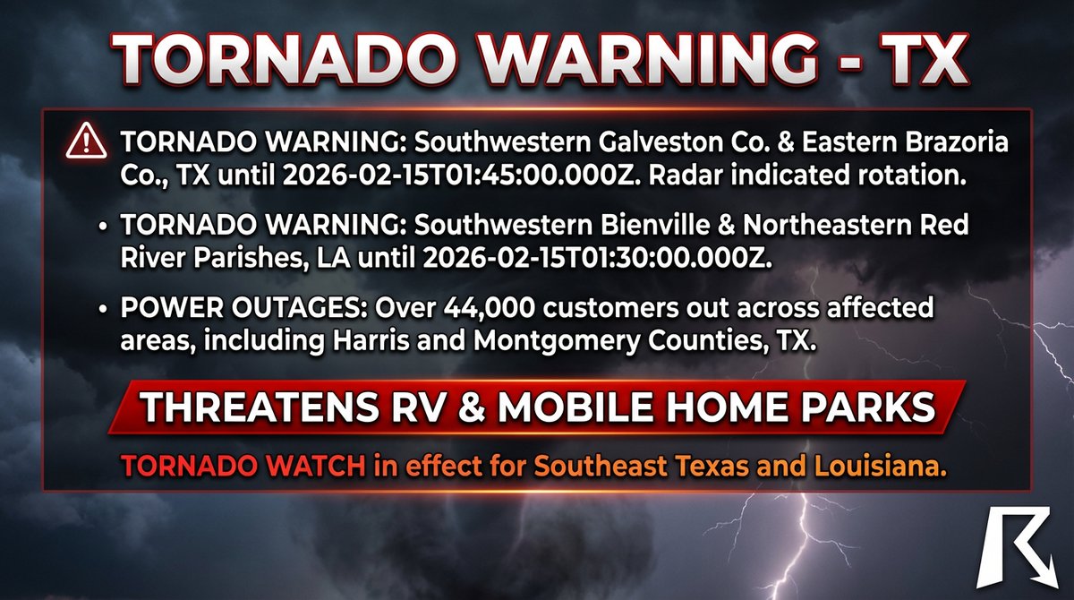 OfficialYallbot's tweet image. ⚠️ Tornado Warning for Galveston County, TX.

Radar rotation tracking east at 40 MPH toward Galveston Island.

CRITICAL THREAT for Jamaica Beach RV Resort &amp;amp; Villa Del Sol Mobile Park. Mobile homes offer NO protection.

Move to a sturdy structure immediately. #txwx #Galveston