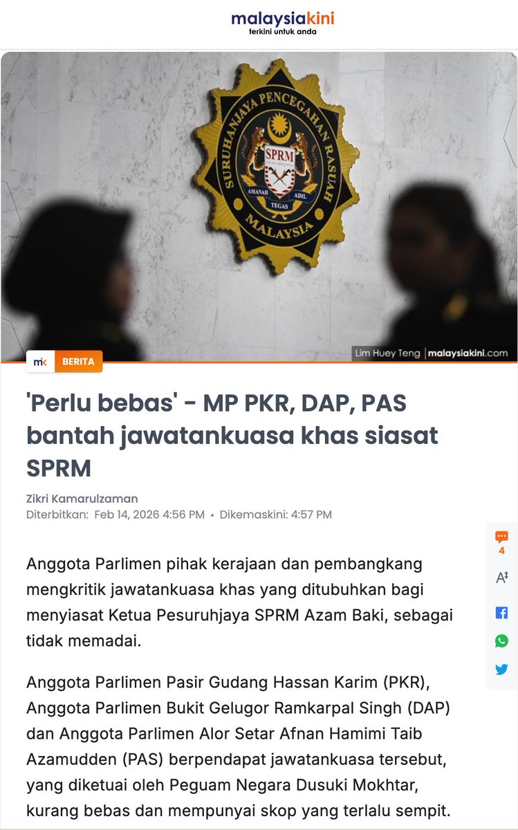 Jeff4Malaysia's tweet photo. 3 MPs look bipartisan by saying the Azam Baki probe committee to be led by Attorney-General Dusuki Mokhtar lacked independence, while having a narrow scope.

They are:
1) Hassan Karim (PKR - Pasir Gudang)
2) Ramkarpal Singh (DAP - Bukit Gelugor)
3) Afnan Hamimi Taib Azamudden (PAS - Alor Setar)

No. More than that.

More than mere press statements.

1) Mobilise all parliament channels and resources and called for immediate suspension of Azam Baki - this is his second known attempt to screw the RM100,000 share value limit for senior civil servants, 

A serial act.

2) The alleged "Corporate Mafia" actives still thrived since 2021, smacking right through Azam Baki's current tenure.

Police probe on Bloomberg warrants a reciprocal probe on the Chinese-Malaysian mafia personalities pinpointed in the same Bloomberg expose.

3) The AG, the MoF SG & the DG of JPA are all lapdogs of the PM - by whom they were appointed to office, to whom they must pledge allegiance. Sekongkol.

You want public trust and confidence? No shortcut & no bullshit.

https://t.co/x9Du929JZT