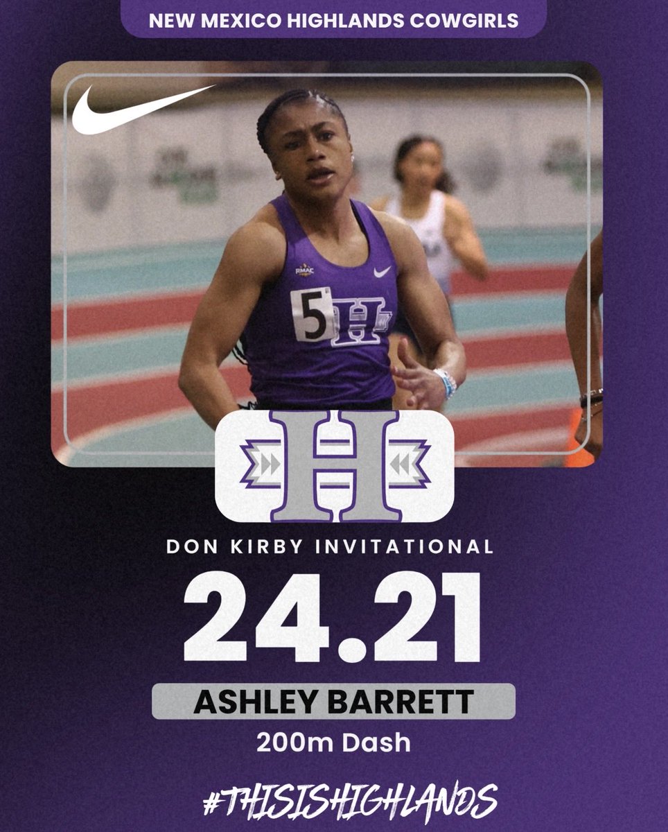 NMHU_Athletics's tweet photo. Junior Ashley Barrett posted a time of 24.21 in the 200m dash at the Don Kirby Invitational, marking the fastest performance in the RMAC this season.

#ThisIsHighlands https://t.co/jRaFyZyhsZ