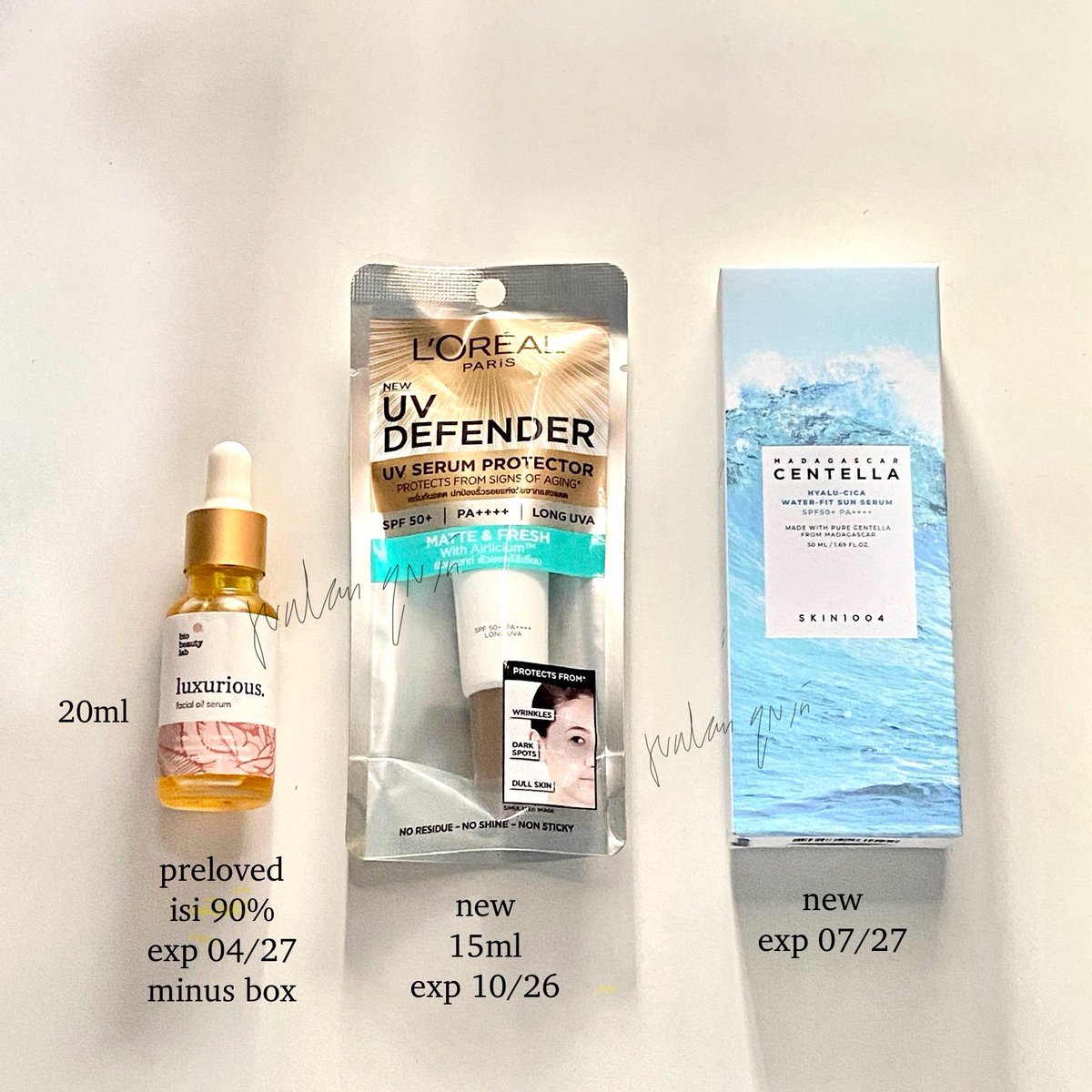 druppyv's tweet photo. wts want to sell
skincare new &amp; preloved

bio beauty lab face facial oil serum
isi 20ml
preloved sisa 90%
harga beli 240rban
harga jual 145k

sunscreen loreal spf 50+
new isi 15ml
harga 28k

skin1004 hyalu cica sun serum
new
harga 80k

#zonauang️ https://t.co/LnHzEeaMVq
