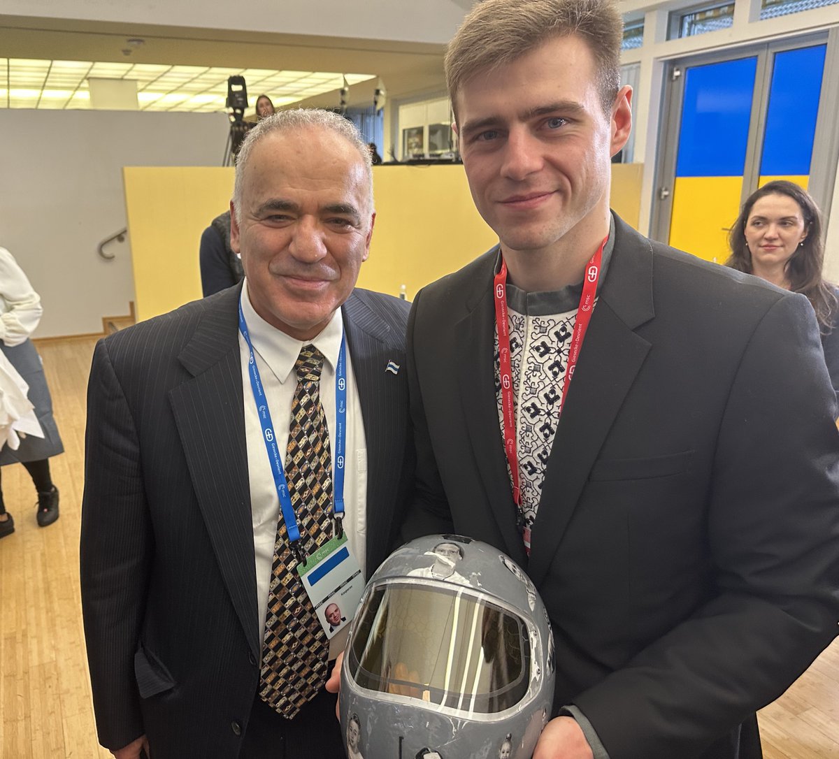 A day after saying "I stand with Vladyslav Heraskevych" when the IOC disgracefully disqualified him for his helmet remembering athletes murdered by Russia, I had the honor of  standing with him in Munich. He put principles over glory &amp; showed why Ukraine can never be defeated. 🇺🇦
