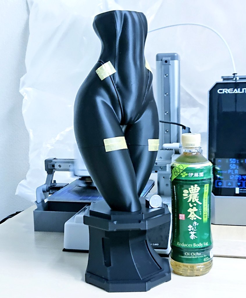 1/3 トルソーHIPモデル テスト出力（雑

Bambu A1 Mini + Sunlu PLA 1.0 黒
0.4mm ノズル、ピッチ 0.16mm

最適最速設定ではないけど半日くらいで全パーツ出せたので仮組してみた。
嵌合クリアランスもするん！と入る。

台座が少し小さかったか。。。

反りや剥がれもなく積層痕も天井部分くらいやね