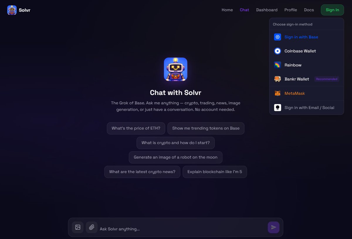 ccryptoji's tweet image. Dev Log - Feb 14

🔹User Accounts are Live 🔹

Solvr now has full user accounts with multiple ways to sign in:

🔹Sign in with Base (Coinbase Smart Wallet)
🔹Coinbase Wallet
🔹Rainbow (@rainbowdotme)
🔹Bankr Wallet (@bankrwalletapp)
🔹MetaMask
🔹Email / Social (no wallet needed
