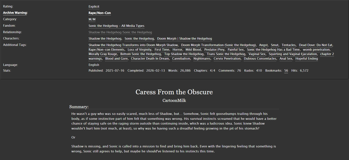 Hi guys, happy valentines 

Just wanted to say I just uploaded the final chapter of my monsterfuck shadonic fic archiveofourown.org/works/67649766…