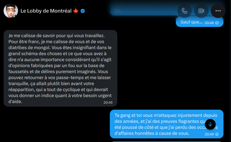 Je publie ici une capture d'écran d'un échange que j'ai eu, il y a quelques minutes, avec <a href="/lobbymontreal/">Le Lobby de Montréal 🍁</a> :