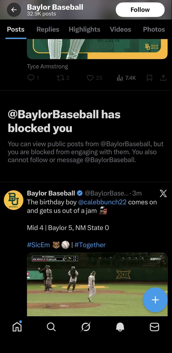 DickRyderJr's tweet photo. @BaylorBaseball @BaylorAthletics How do yall block one of your top fans?? Sorry I wanted to help grow the brand #FreeDick https://t.co/30k6HioDIB