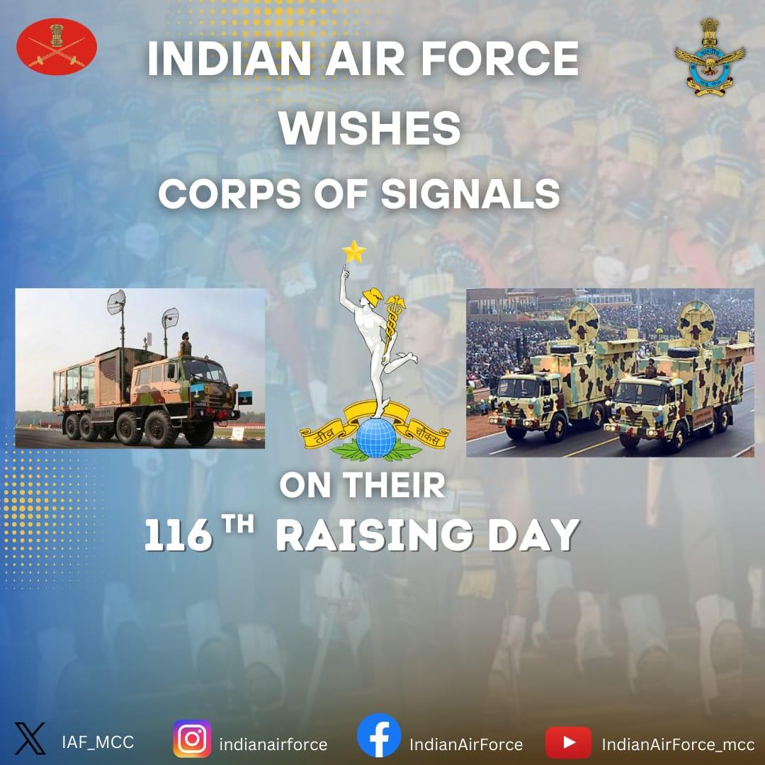 IAF_MCC's tweet photo. All Air Warriors of the #IAF convey best wishes to all personnel, veterans &amp; families of #CorpsOfSignals on the occasion of  116th CorpsDay.

#IAF
#CorpsDay
@DefenceMinIndia
@SpokespersonMoD
@HQ_IDS_India
@adgpi
@IndiannavyMedia https://t.co/FUeI3aCDw2