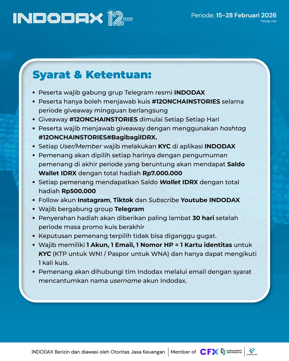 Dalam rangka merayakan anniversary INDODAX, kami menghadirkan giveaway spesial bertajuk 12-OnChain Stories yang akan berlangsung pada 📅 15 Februari 2026 – 28 Februari 2026

Bukan sekadar kuis biasa, kali ini kamu diajak untuk bercerita.
Setiap harinya akan ada tema berbeda yang