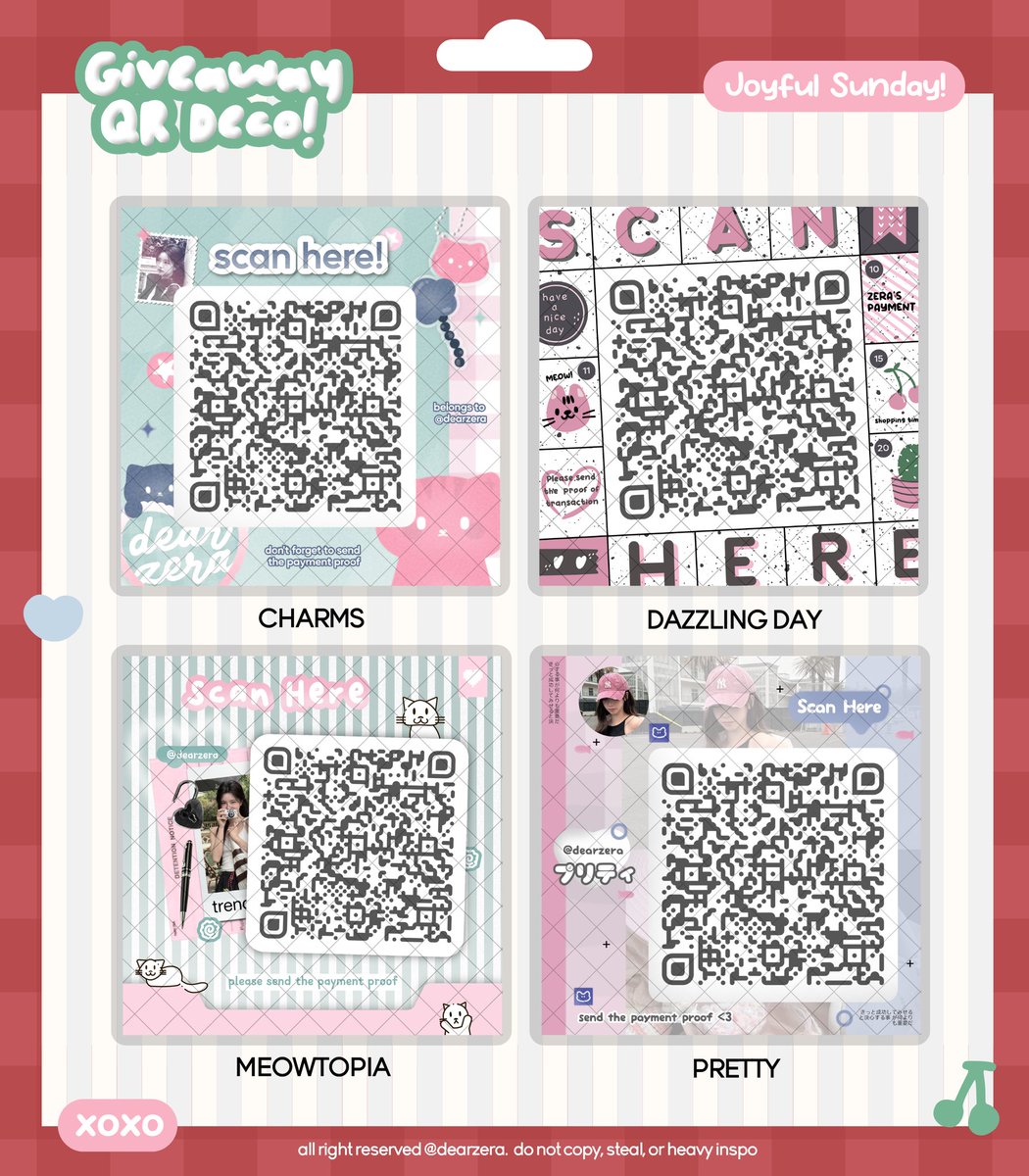 dearzera's tweet image. &amp;lt; giveaway alert! &amp;gt; 🍀
help repost, please?

dalam rangka Joyful Sunday with kak Sky @caxpture kita ada 4 FREE QR DECO nih yang cantik-cantik 🍒

🎟️ cek rules di ALT ya
🥑 start now — tomorrow

#zonauang qris