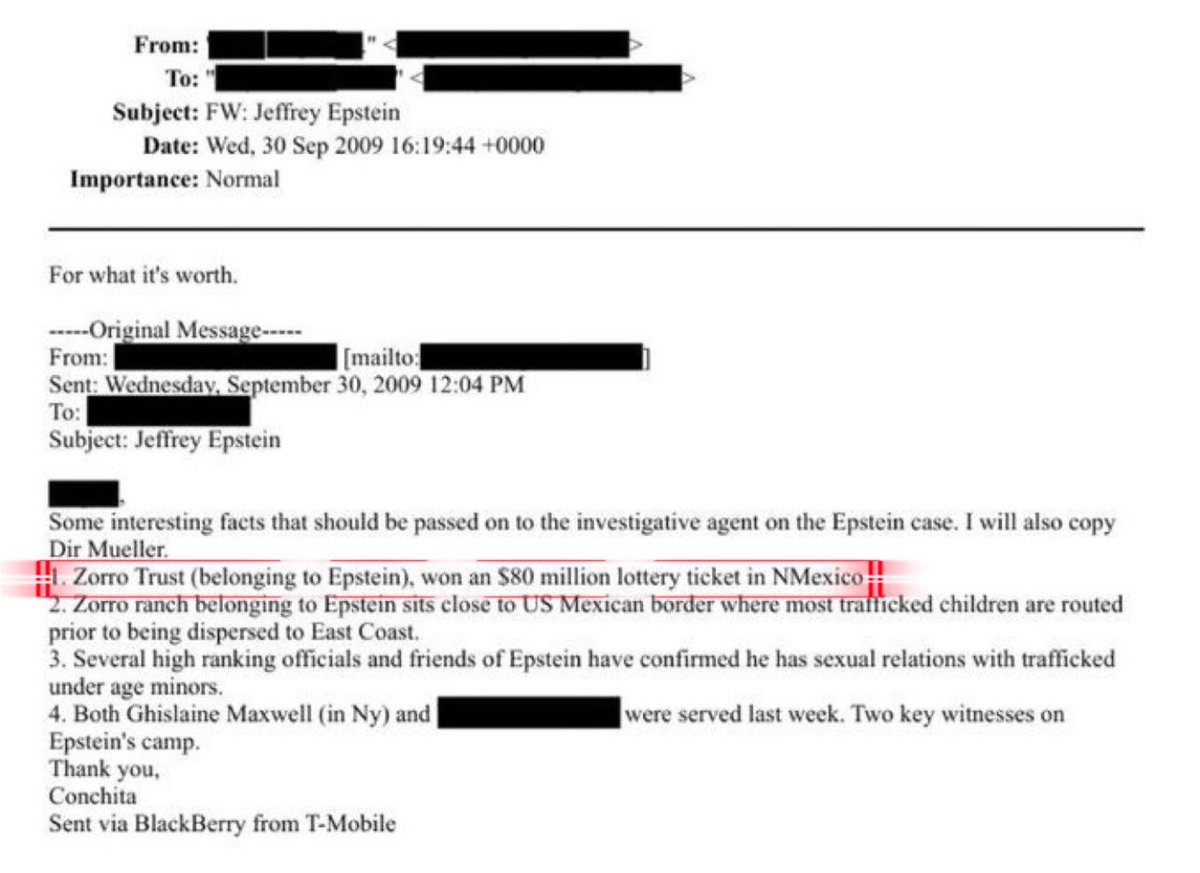 Jeffrey Epstein’s Zorro Trust just happened to win a $80 million lottery in New Mexico.

They rig elections.  They rig lotteries.  

They rig everything.