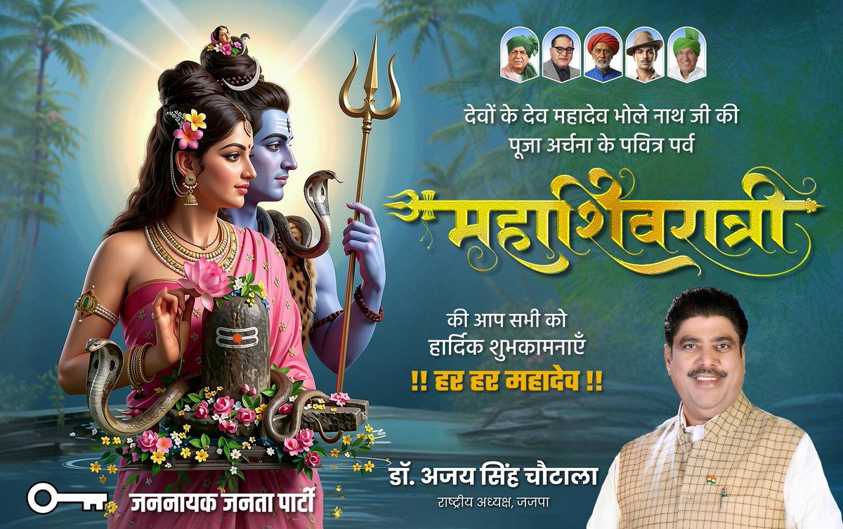 JJPRajasthan's tweet photo. ॐ त्र्यम्बकं यजामहे सुगन्धिं पुष्टिवर्धनम्‌।
उर्वारुकमिव बन्धनान्मृत्योर्मुक्षीय माऽमृतात्‌॥

देवों के देव महादेव भोले नाथ जी की पूजा अर्चना के पवित्र पर्व महाशिवरात्रि की आप सभी को हार्दिक शुभकामनाएँ। हर हर महादेव ! https://t.co/oy5QOcI22N