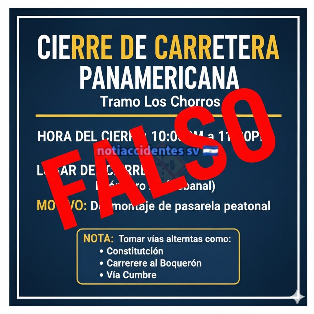 En redes sociales circula una imagen que anuncia el supuesto cierre de la carretera Panamericana, en el tramo de Los Chorros.

Esta información es totalmente falsa.

Invitamos a la población a informarse únicamente a través de los canales y medios oficiales para evitar la