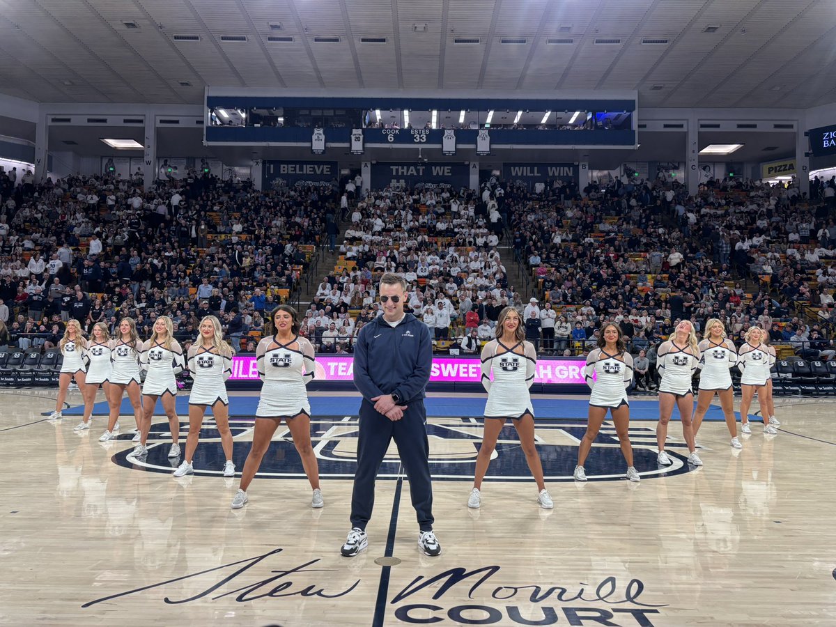 Utah State President Brad Mortensen makes his USU Spirit Squad and Aggiette debut tonight in the Spectrum.