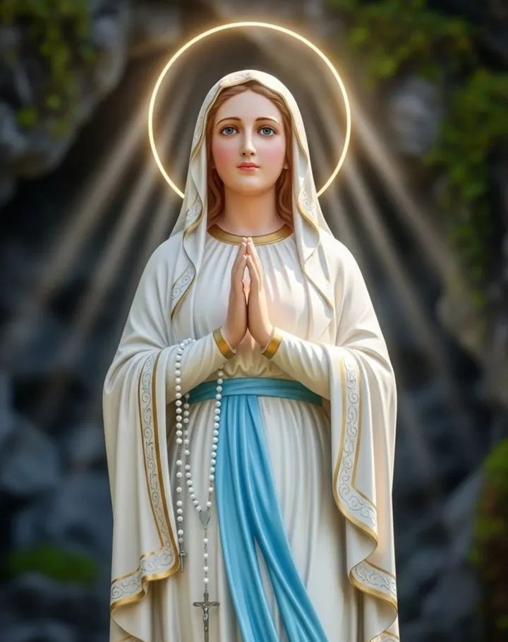 ✝️ Dios te salve, María, 
llena eres de gracia;
el Señor es contigo.
Bendita Tú eres 
entre todas las mujeres,
y bendito es el fruto de tu vientre, Jesús. 

Santa María, Madre de Dios,
ruega por nosotros, pecadores,
ahora y en la hora de nuestra muerte. Amén 🙏