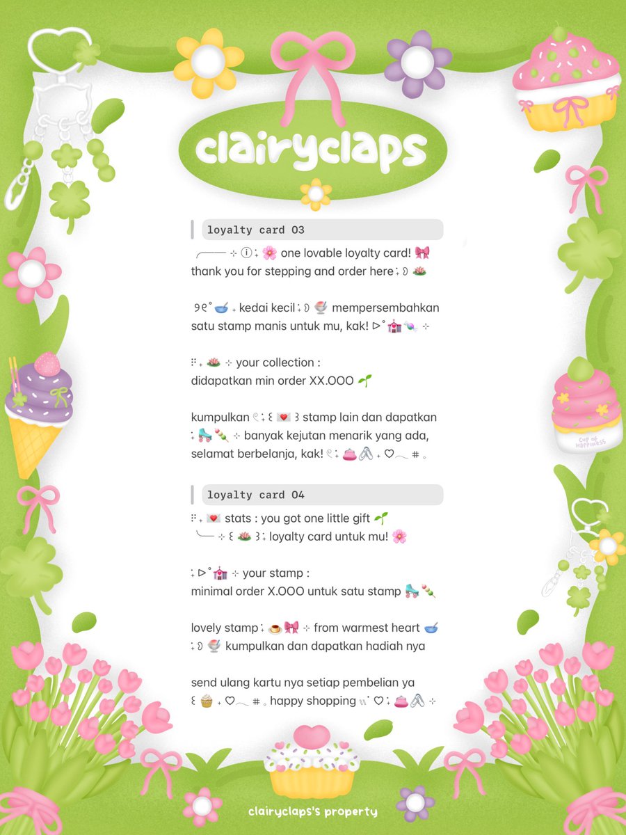 clairyclaps's tweet image. help repost? tysm 💘

hi — ho! chei kembali membawa ⓘ ࣪˖ 🎀 𓏭
꒰ 🌸🍡 ˖ ♡𓂃 ⌗ 𓈒 wording loyalty card, nih!
price nya hanya &amp;lt; 5.500 &amp;gt; bisa dijemput 🌱

mt after dm ya! ꒰ 💒 ꒱ ˖
⎯⎯ ୨୧ t. #zonauang