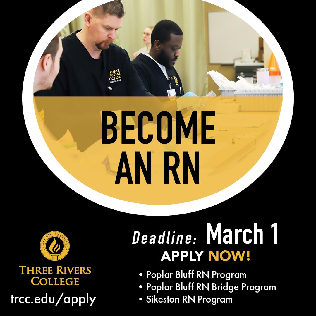 💛🩺 Your path to becoming a registered nurse starts here.

Apply to:
 • Poplar Bluff RN Program
 • Poplar Bluff RN Bridge Program
 • Sikeston RN Program

⏰ Application deadline: March 1

Learn more: trcc.edu/academics/degr…