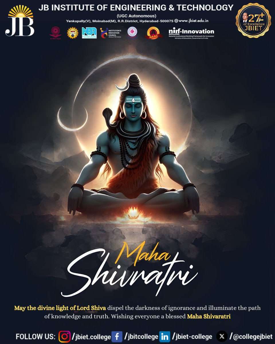 JBIETUpdates's tweet photo. Happy Maha Shivaratri.
May Lord Shiva’s blessings guide us toward wisdom, integrity, and excellence.

#MahaShivaratri #HarHarMahadev #IndianHeritage #DivineBlessings #JBIET https://t.co/wMcIIFCTUQ