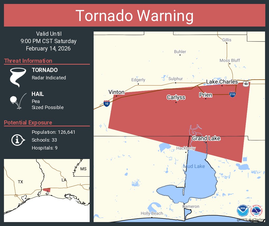 NWSLakeCharles's tweet photo. Tornado Warning including Lake Charles LA, Prien LA and  Carlyss LA until 9:00 PM CST https://t.co/RxAEvS7Dfs