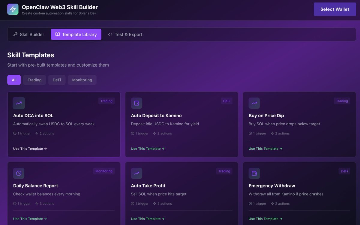 JustMousss's tweet image. I asked @EitherwayAI paltform to ship a visual skill builder (for web3) on top of @openclaw.

⏱️ 17 seconds later: ready to use.

• Drag &amp;amp; drop triggers (time, price, balance)
• Actions: @JupiterExchange swaps, @KaminoFinance deposits/withdrawals, alerts via @saydialect
•