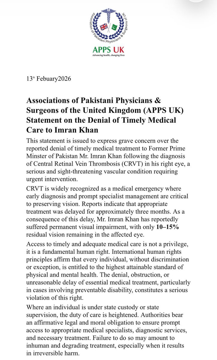 PTIofficial's tweet image. Urgent Concern Over Delay in Medical Care for Imran Khan

The Association of Pakistani Physicians and Surgeons of the United Kingdom has raised serious concerns over delays in treatment for former Prime Minister Imran Khan and called for immediate evaluation by expert retinal