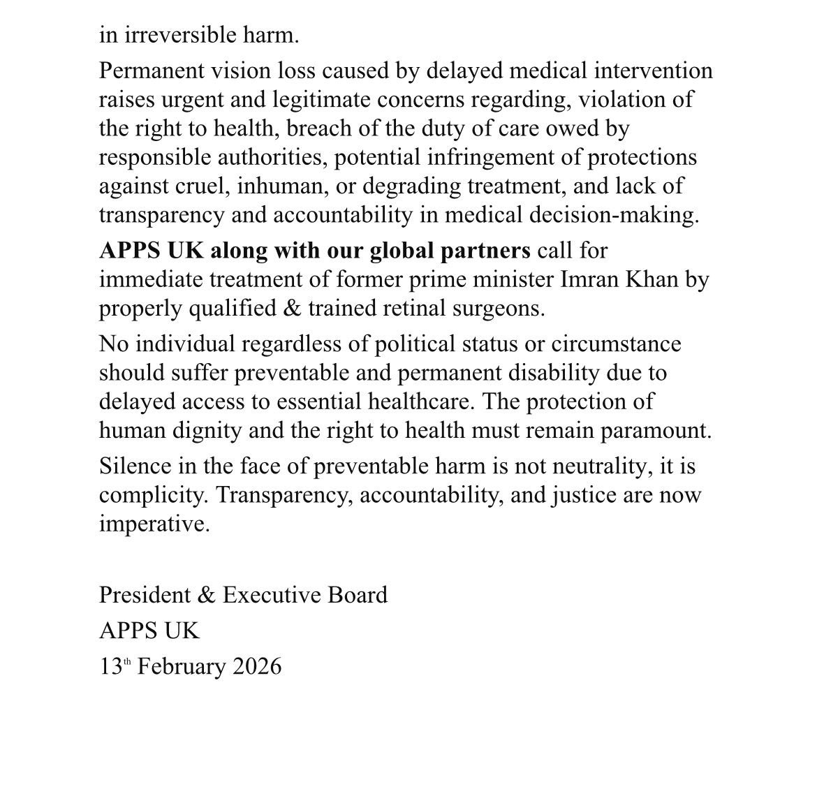 PTIofficial's tweet image. Urgent Concern Over Delay in Medical Care for Imran Khan

The Association of Pakistani Physicians and Surgeons of the United Kingdom has raised serious concerns over delays in treatment for former Prime Minister Imran Khan and called for immediate evaluation by expert retinal