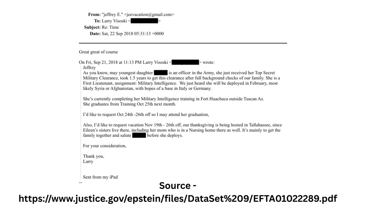 NEW:

The daughter of Jeffrey Epstein's personal pilot is an officer in the Army with Top Secret Military Clearance, per an email sent to Epstein (via plain text) in September, 2018.

Her father was a pilot for a registered sex offender at the time, yet she passed an 18-month