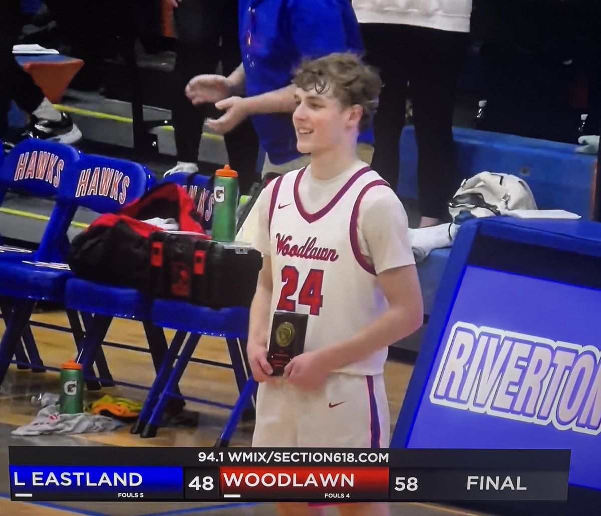 FINAL from the Riverton Shootout: Woodlawn 58, Lanark (Eastland) 48. 

Unofficial scoring - WOOD: McKay 17, Rollie 14, Moser 11, Cooper 10, Frick 6. EAST: Krogman 21, Anderson 13, Haverland 6, Carroll 6, Keim 2. 

Luke McKay was the Riverton Shootout Player of the Game.