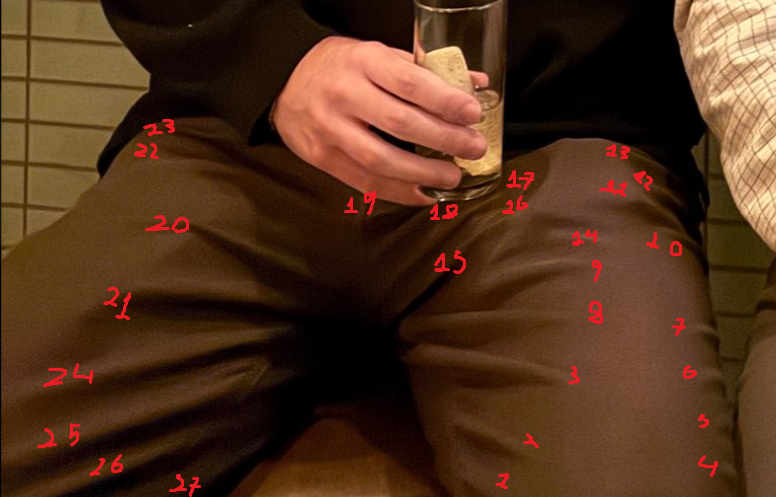 The tall one's pants having 27 distinct visible wrinkles