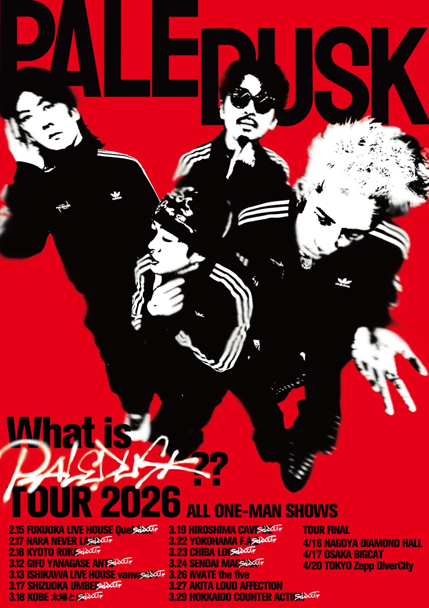Paledusk_jpn's tweet photo. 🇯🇵TODAY'S PD SHOW🇯🇵

What is Paledusk??TOUR 2026
@福岡 LIVE HOUSE Queblick
OPEN 17:30  /  START 18:00
※本ツアーにおきまして
本番中フロア内での撮影は禁止いたします。

<先行物販>
15:30〜17:00で行います。
チケットがない方でもご購入いただけます。
※Paleduskグッズ販売にてキャッシュレス決済対応可能

当日券の販売はございません。