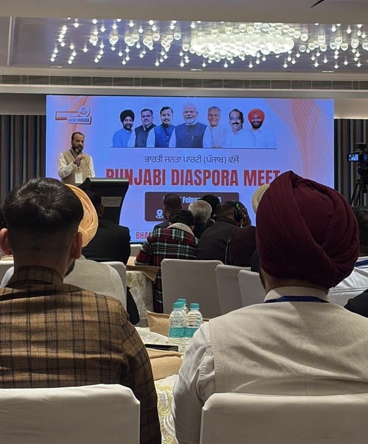 joharashwin's tweet photo. BJP Punjab & Foreign affairs department of BJP under the guidance of Vijay ji & working state president Sh. Ashwani Sharma ji has successfully conducted first ever Punjabi Diaspora Meet where 300 participants from 11 countries attended the event. 
Discussions and interactive sessions have been held to take #Punjab in new positive & positive direction. @BJP4Punjab @BJP4India @narendramodi @PMOIndia @AmitShah @NitinNabin @DrSJaishankar @vijai63 @tarunchughbjp