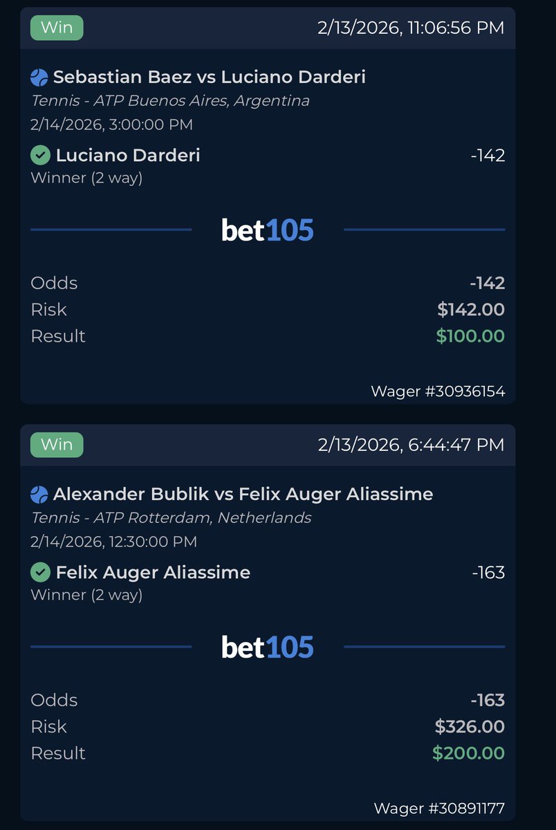 SmoothManSports's tweet photo. ๐ฆ๐ท #ATPBuenosAires ๐ซ x ๐บ๐ธ #ATPDallas ๐ x ๐ณ๐ฑ #ATPRotterdam ๐ | Semifinals Card Recap: +3U ๐ฐ
Ainโt too shabby:
๐ 2U ๐จ๐ฆ Felix Auger Aliassime ML (-163/1.61) โ
๐ 2U ๐ฆ๐บ Alex De Minaur -2.5 (-111/1.90) โ
๐ซ 1U ๐ฎ๐น Luciano Darderi ML (-142/1.70) โ
๐ 1U ๐ญ๐ท Marin Cilic ML (+146/2.46) โ
๐ 1U ๐ฆ๐บ De Minaur-Humbert 1st Set O10.5 (+200/3.00) โ
@SharpCircleBet Super Team will get tomorrowโs card first. One 3U nuke already deployed.
Trust the system; cash the slips.
๐๐๐๐๐๐๐๐๐ฅฅ๐ฅญ๐๐๐๐๐๐ฅ๐ฅ๐ซ
#GamblingX #GamblingTwitter #tennis #tennispicks #bet105partner #atp #wta #atpchallenger #ATPBuenosAires #ATPDallas