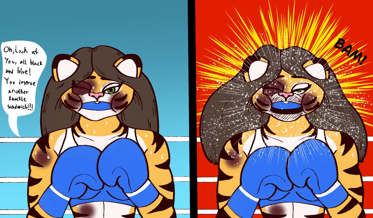 Since Jessica and Esther been building a rivalry between each other, it's look so satisfying for Esther to give another knuckle sandwich for the tigress. Jessice must feel that one in the morning x3  And here's a version with no gloves, showing before and during the impact! x3