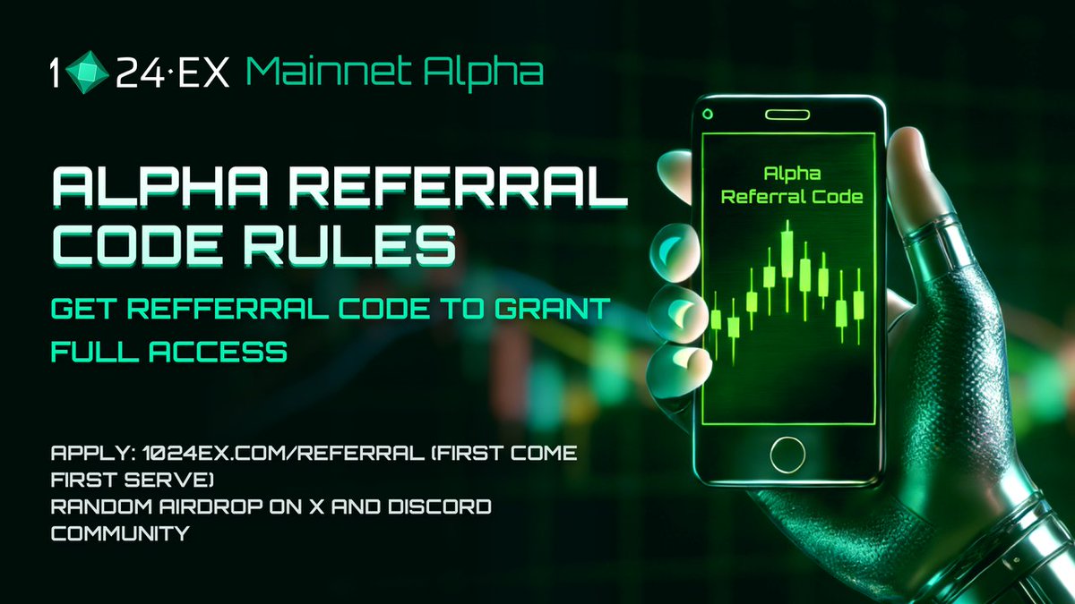 1024EX's tweet photo. Alpha access is invite-based.

How to get in 👇
1. Apply for a code: https://t.co/137ywvtSaV
2. FCFS while supply lasts
3. We’ll also drop a few randomly in our X + Discord community

If you’re early, you’re in. 

#1024EX #MainnetAlpha #Onchain https://t.co/hxXUlArGhY