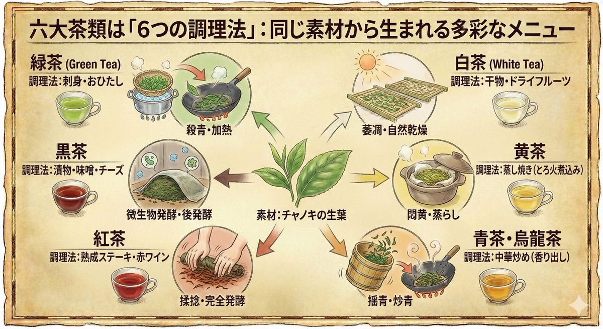 六大茶類は製茶用語などが沢山あって分かりにくいと言われるのですが、お茶の生葉を料理の食材だと考えれば調理法が主に6種類あるということです。魚に置き換えれば調理法が刺身、焼き魚、煮魚と聞けば、独創的な名前の料理だったとしても、何となく味や香りの想像がつくと思います。それと一緒です。