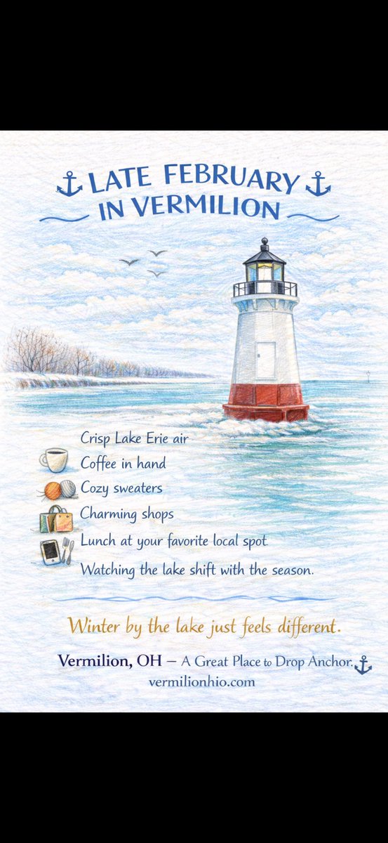 Late February in Vermilion just feels different. Crisp Lake Erie air, cozy sweaters, coffee in hand, and wandering through charming downtown shops. ❄️
Slow strolls, warm bites, and that lighthouse view that never gets old.
Vermilion, OH — A Great Place to Drop Anchor. ⚓️