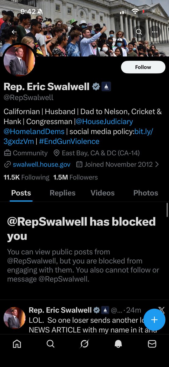 I’m quite proud to say I’m blocked by <a href="/RepSwalwell/">Rep. Eric Swalwell</a>  who didn’t like me asking why his name appears in the latest Epstein files release.