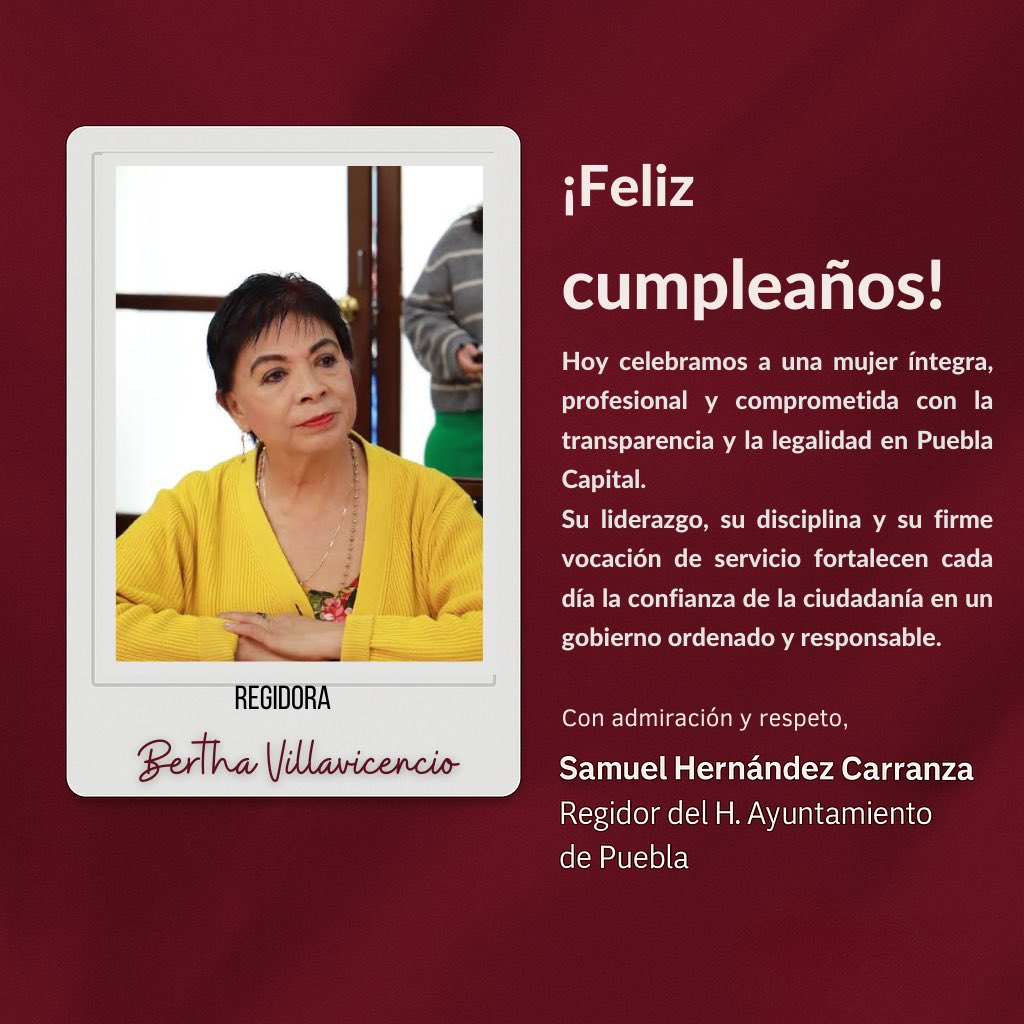 Hoy celebramos la vida de una mujer íntegra, comprometida y con una trayectoria que ha dejado huella en Puebla Capital.

Su liderazgo, disciplina y firme vocación de servicio son ejemplo de trabajo constante por la transparencia y la legalidad.

Desde el H. Ayuntamiento de