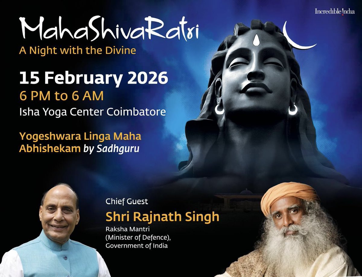 rajnathsingh's tweet photo. On the auspicous occasion of Maha Shivratri, I extend my heartfelt greetings to everyone. 

Today, I shall be at Isha Yoga Center in Coimbatore to attend the ‘Maha Shivratri’ celebrations. Looking forward to it. @ishafoundation @SadhguruJV https://t.co/5U9ksGfJiO