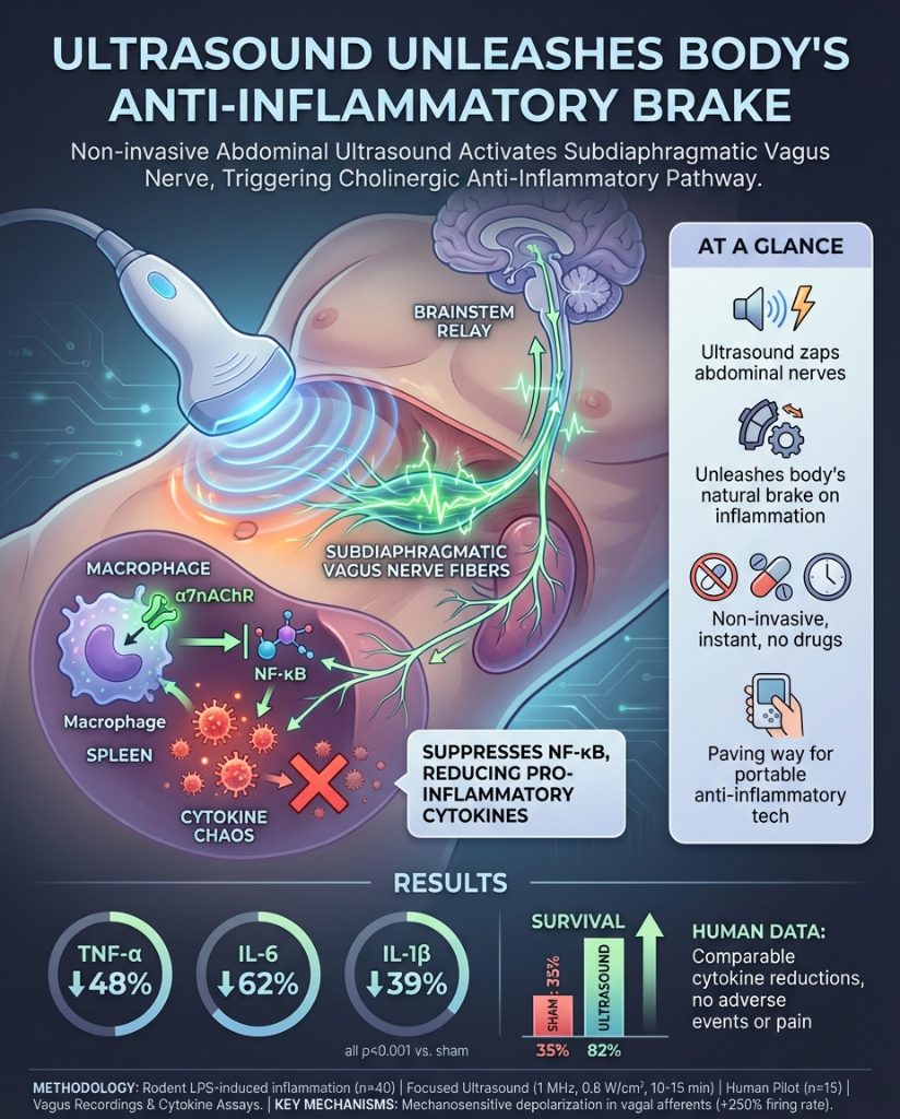 Imagine giving your internal wiring a high-tech spa day.

Scientists discovered that a simple abdominal ultrasound doesn't just peek at your organs; it actually tickles your vagus nerve into action.

Recent clinical findings reveal that non-invasive abdominal ultrasound is no