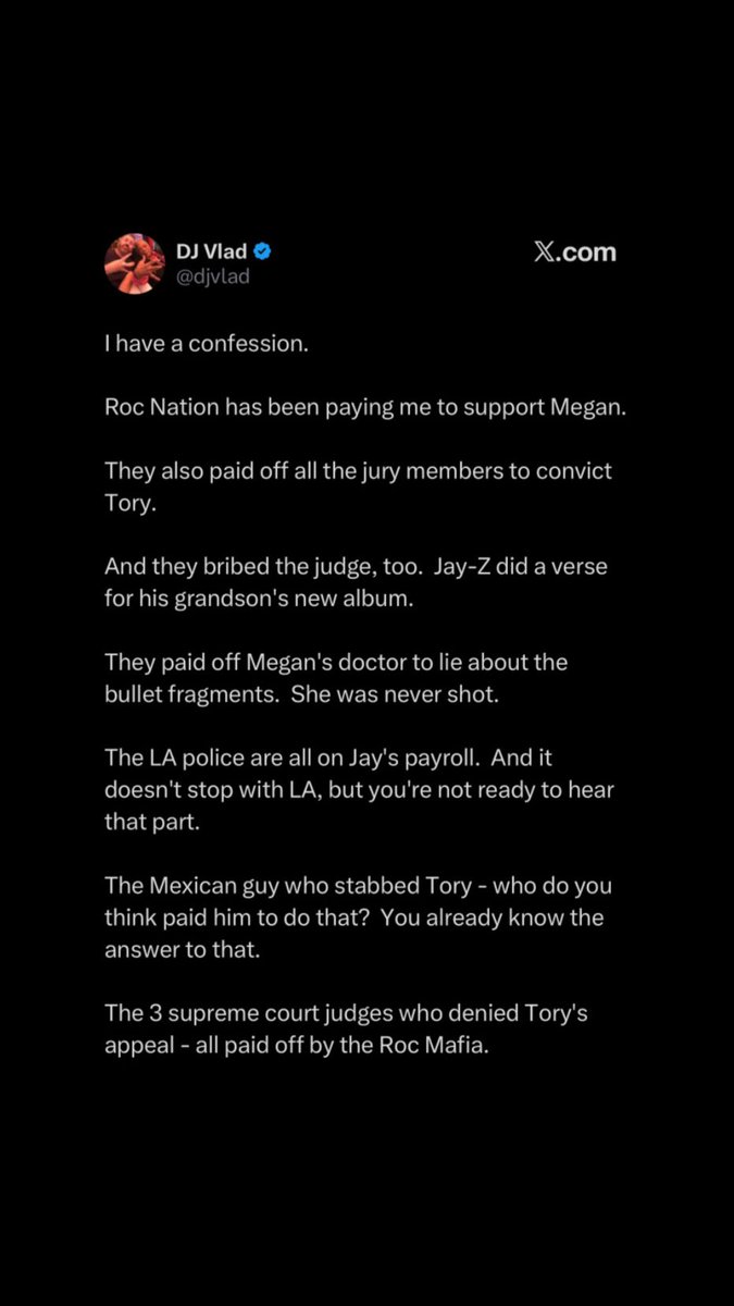 clippedszn's tweet image. DJ Vlad EXPOSED Roc Nation &amp;amp; Megan Thee Stallion for paying him off and falsely imprisoning Tory Lanez 😳‼️

“Roc Nation has been paying me to support Megan. They also paid off all the jury members to convict Tory… They paid off Megan's doctor to lie about the bullet fragments.…